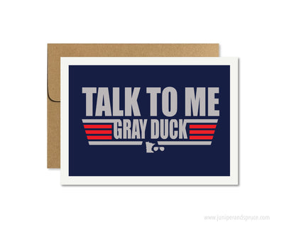 Greeting card with 'Talk to Me Gray Duck' text on a blue background, featuring a brown envelope.