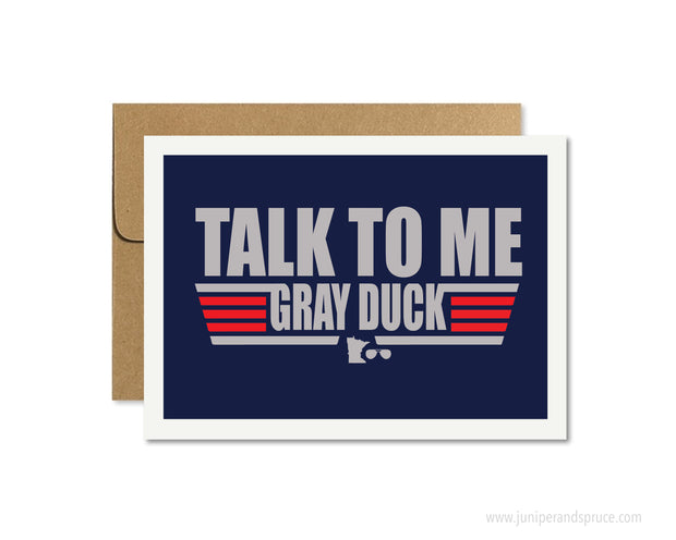 Greeting card with 'Talk to Me Gray Duck' text on a blue background, featuring a brown envelope.