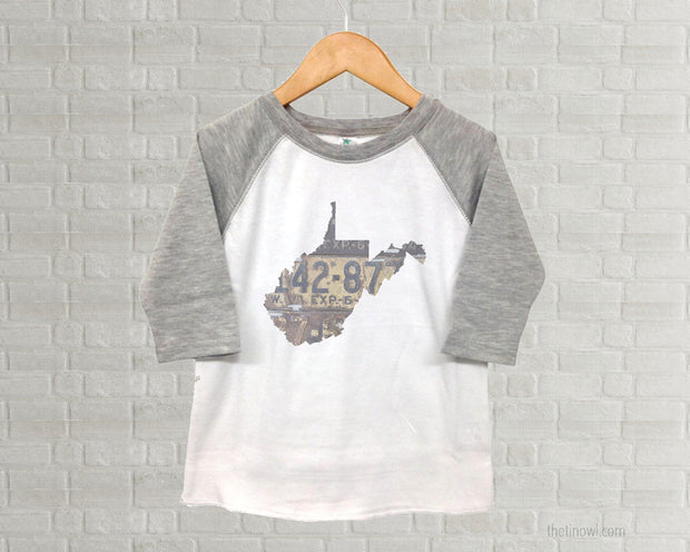 West Virginia Youth Raglan T-Shirt - Vintage License Plate Art