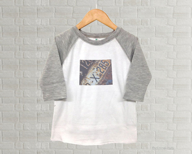 Wyoming Youth Raglan T-Shirt - Vintage License Plate Art