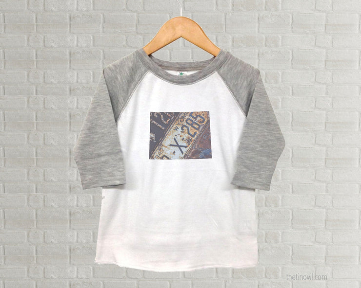 Wyoming Youth Raglan T-Shirt - Vintage License Plate Art