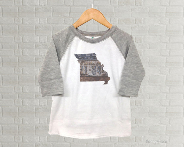 Missouri Youth Raglan T-Shirt - Vintage License Plate Art