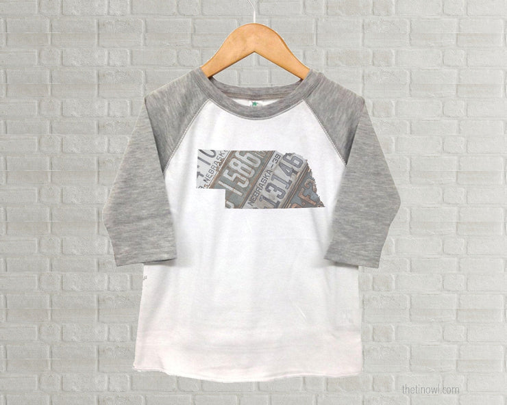 Nebraska Youth Raglan T-Shirt - Vintage License Plate Art