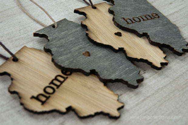 Illinois Outline Ornament | Rustic Wood | Heart Home | Illinois Love | Etched | Laser Cut