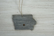 Iowa Outline Ornament | Rustic Wood | Heart Home | Iowa Love | Etched | Laser Cut