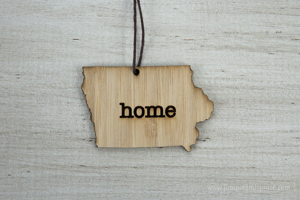 Iowa Outline Ornament | Rustic Wood | Heart Home | Iowa Love | Etched | Laser Cut