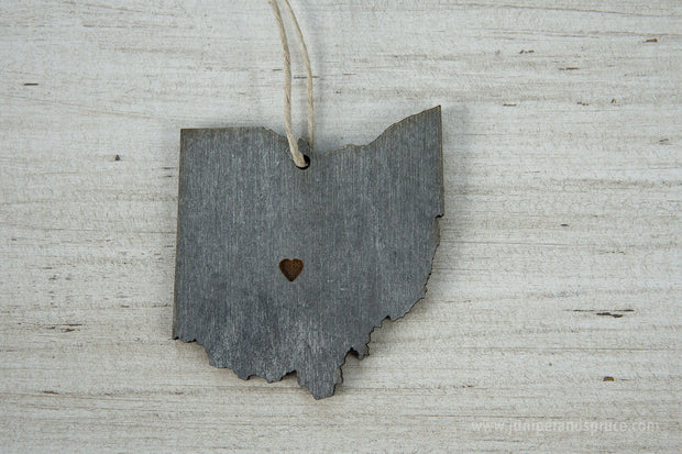 Ohio Outline Ornament | Rustic Wood | Heart Home | Ohio Love | Etched | Laser Cut