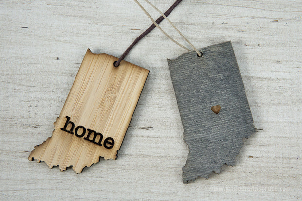 Indiana Outline Ornament | Rustic Wood | Heart Home | Indiana Love | Etched | Laser Cut