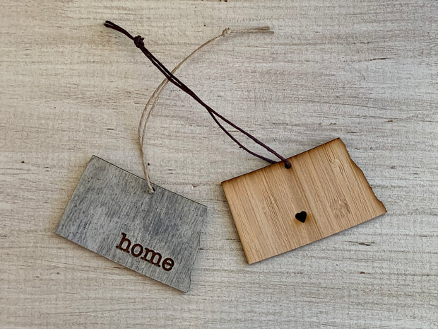 North Dakota Outline Ornament | Rustic Wood | Heart Home | Etched | Laser Cut