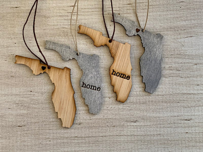 Florida Outline Ornament | Rustic Wood | Heart Home | Etched | Laser Cut